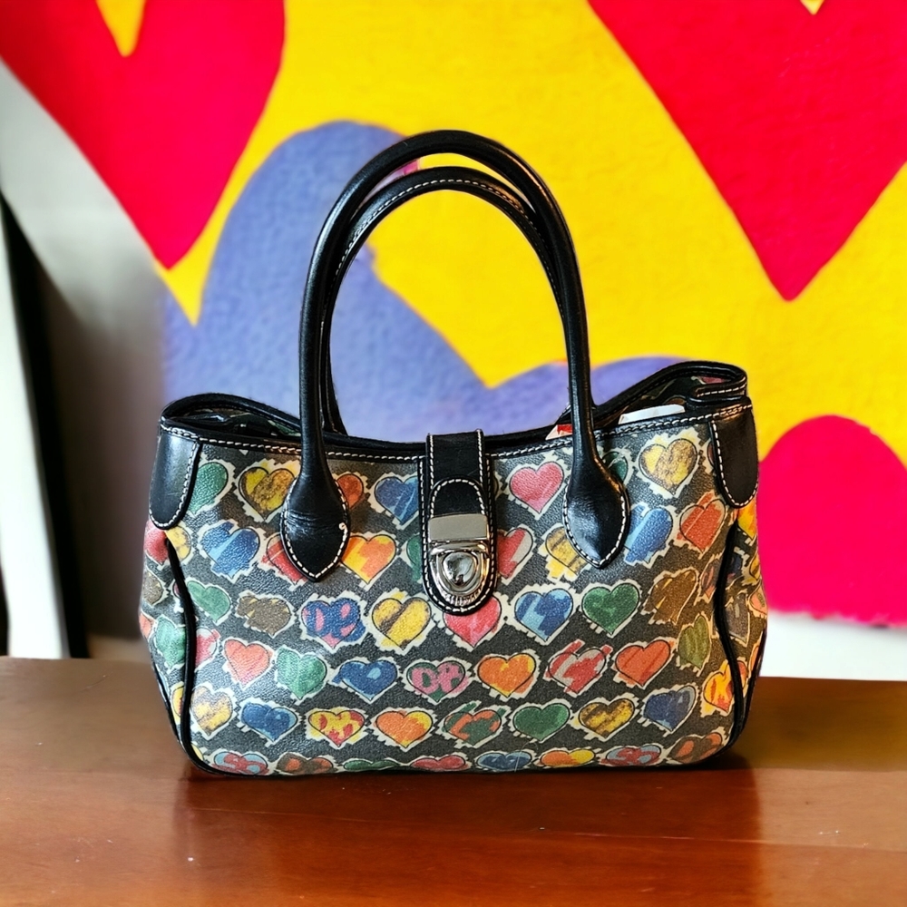 Dooney & Bourke Multicolor Heart-Print Satchel with Black Trim